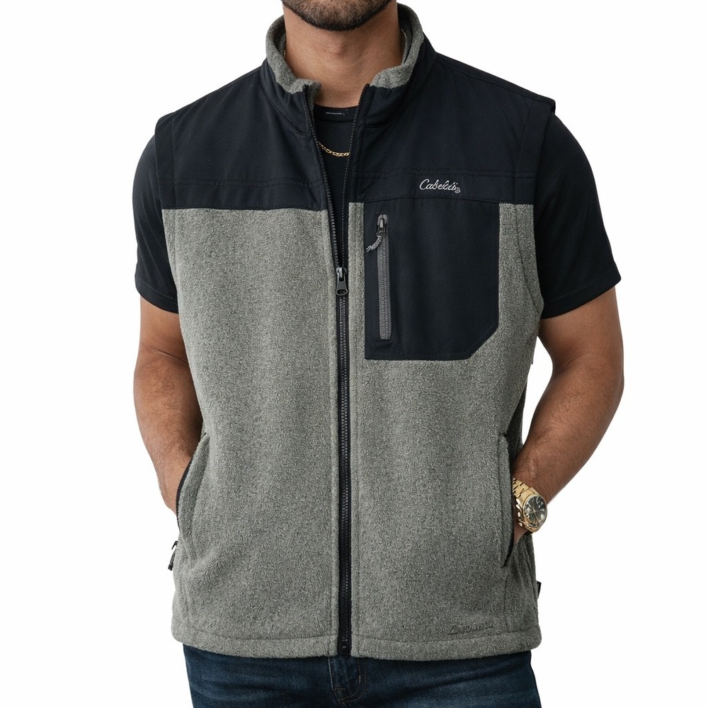 Cabelas Mens Fleece Vest Gray Navy Blue Full Zip Outdoor Pockets Size M Gorpcore